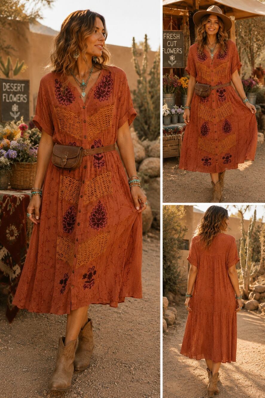 Vintage Terracotta Embroidered Crochet Midi Dress Boho Festival Cottagecore L